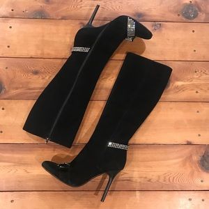 Casadei Black Suede Rhinestone High Heeled Boots